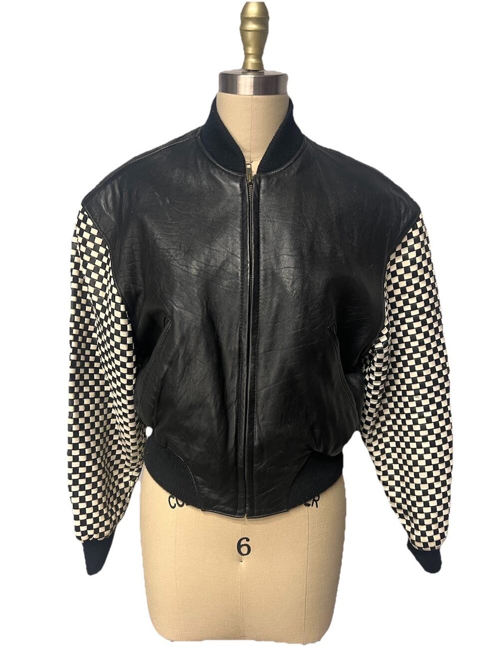 Vintage 80s Checkered Sleeve Leather Cropped Bomber Biker Moto Jacket Womens S